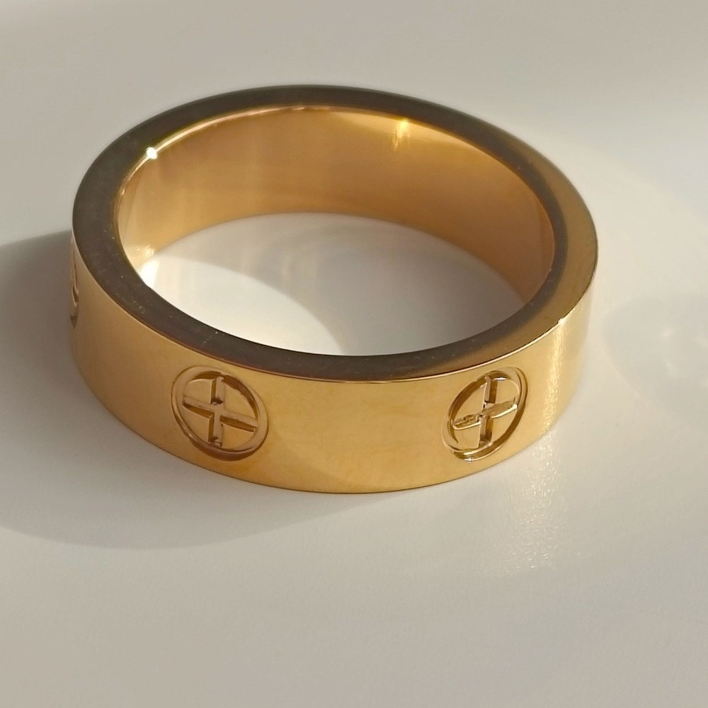 Screw Motif Band Ring Womens Size 7.25 Gold Tone Engraved Minimalist Chic